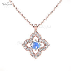 Pendentif Fleur en Pierre de Lune Arc-en-ciel Ronde de 3 mm Authentique avec Grappe de Diamants en Or Massif 14 carats pour le Dropshipping - Product Image 3