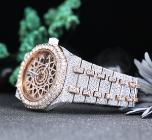 Montre squelette de luxe sertie de diamants – Cadran or rose, montre-bracelet pour homme en acier inoxydable style hip-hop - Product Image 3