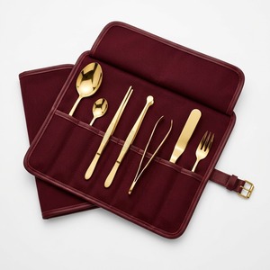 7-Piece Gold <b>Utensil</b> <b>Set</b> With Burgundy Case with Spoon Fork Tongs Spatula and Tweezers For Food Plating Stainless Steel <b>sets</b> - Product Image 6