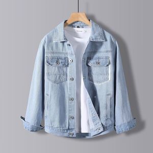 เสื้อแจ็คเก็ตฮู้ดดี้เดนิมฟอกสีสำหรับผู้ชาย กันลม ผ้าฝ้าย 100% แขนเสื้อตัดต่อ กระดุมหน้า มีกระเป๋า สไตล์ลำลอง สตรีทแวร์ สำหรับฤดูใบไม้ร่วง - Product Image 3