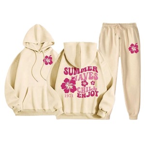 Ensemble sweat à capuche et pantalon de survêtement rose pour femme avec imprimé floral motif vagues estivales, coupe décontractée ample, manches longues, fermeture à cordon - Product Image 6