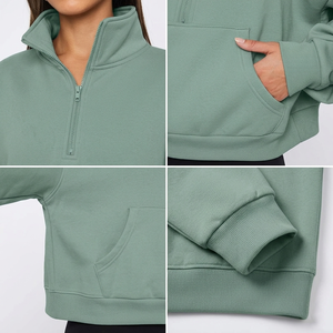 เสื้อสเวตเชิ้ตผู้หญิงแบบซิป ¼ ตัว ทรงลำลอง สตรีทแวร์ ไหล่ตก ระบายอากาศได้ดี เป็นมิตรกับสิ่งแวดล้อม เสื้อฮู้ดถักนิตติ้ง - Product Image 5