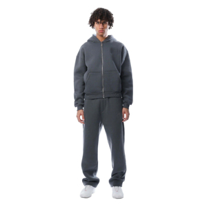 Ensemble de survêtement sportif pour homme, gris uni, à capuche, fermeture éclair intégrale, séchage rapide, coupe classique, en polyester, avec sweat-shirt et pantalon, col montant, pour l'automne - Product Image 1