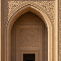 Façade d'entrée en pierre calcaire beige naturelle sculptée islamique, surface découpée à la machine, légère, installation facile, forme carrée