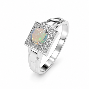 Natural Stone <b>Opal</b> and Diamond Luxury <b>Ring</b> in 925 Sterling <b>Silver</b> Rhodium Plated with Prong Setting - Product Image 1