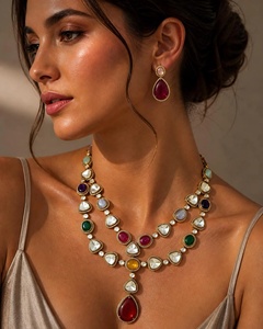 Vintage Gold Plated Brass Imitation Jewelry Set with Ruby Pink Stones for Indian Bridal Wedding <b>Statement</b> <b>Necklace</b> - Product Image 3