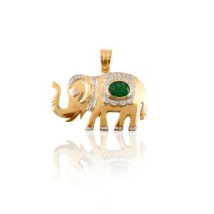 14K Yellow Gold Majestic Elephant <b>Pendant</b> with Natural <b>Emerald</b> and Diamond - Product Image 3