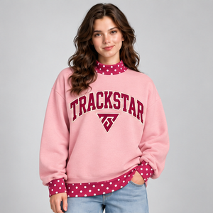 Women's Dusty <b>Pink</b> Mock Neck <b>Sweatshirt</b> with Deep <b>Pink</b> Polka Dot Trim and Varsity Graphic Long Sleeve Casual Pullover Custom - Product Image 1