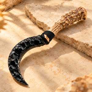 Couteau Boline en obsidienne noire fait main, faucille rituelle Wicca avec manche en bois de résine et bois de cerf, outil d'autel païen - Product Image 5
