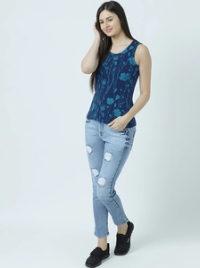 Camiseta sin mangas con estampado floral para mujer, cuello redondo, informal, de punto, de algodón, azul - Product Image 2
