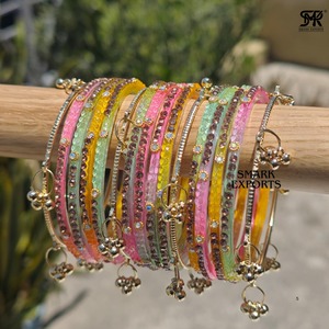 Elegant Multicolor Glass <b>Bangles</b> Set with Stone Work and Ghungroo Traditional <b>Indian</b> Bridal Wedding Festival Jewelry for Women - Product Image 2