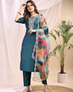 <b>Women</b> Ethnic Embroidered Silk <b>Kurta</b> Set Indian Pakistani Outfit with Dupatta Recycled Materials All Seasons Casual Party Wear - Product Image 1