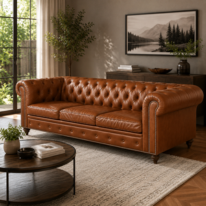 Canapé Chesterfield moderne en cuir véritable avec capitonnage profond et accoudoirs roulés pour un mobilier de salon de luxe - Product Image 1