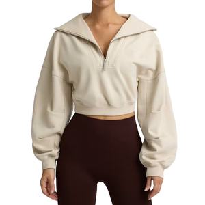 Sweat-shirt court en tissu de coton léger pour femmes OEM fermeture éclair quart col côtelé large capuche épaule tombante ourlet côtelé pour l'hiver - Product Image 1