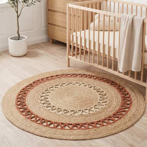 Natural <b>Round</b> Braided Jute Rug with Terracotta Accent Rings for Farmhouse Interior Styling - Product Image 1