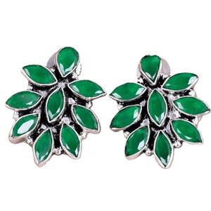 Pendientes de botón con diseño floral étnico tribal bohemio para mujer, con múltiples piedras, de latón bañado en plata antigua, con engaste de bisel de ónix, Royal Blossom - Product Image 4