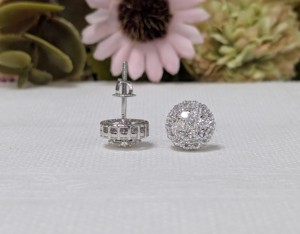 1 Ct Round Cut Lab Grown Diamond Cluster wedding Earrings, Diamond Flower Shaped Screw Back Earrings, Solid 10K White Gold - Product Image 2