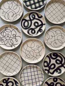 Round <b>Ceramic</b> Flat <b>Plate</b> With Blue Rim Handmade Minimalist Design White Solid Color Dishware - Product Image 6
