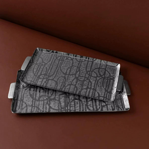 Plateau de service rectangulaire de luxe en bois de burl, vente en gros, pour hôtels, avec élégantes poignées style bambou doré et finition brillante - Product Image 1