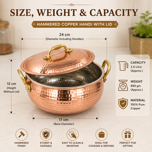 Pure Copper Hammered Handi <b>Pot</b> with Lid Brass Handles 2.5L Traditional Cooking Serving Cookware <b>for</b> Hotel Restaurant Catering - Product Image 5