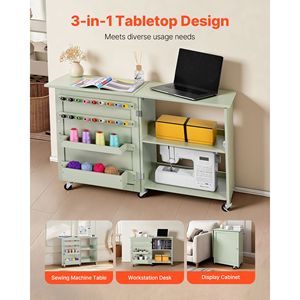 Compact Multipurpose <b>Folding</b> Sewing Machine <b>Table</b> with Wheels Wooden Pegs Storage <b>Trays</b> and Shelf-Home Furniture - Product Image 6
