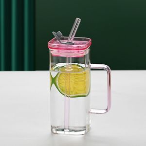1 pz. Bicchiere quadrato in vetro borosilicato rosa con cannuccia, 6 colori, per latte o succo - Confezione assortita di bicchieri per bevande - Product Image 1