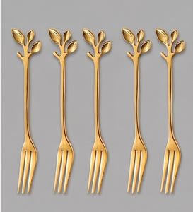 Juego de tenedores de acero inoxidable chapados en oro, diseño de hoja de lujo, cubiertos para fiestas, tenedores para frutas, cubiertos con acabado espejo para uso doméstico - Product Image 1