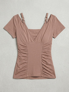 Camiseta de mujer con cuello en V fruncido personalizado, ajuste ceñido, tirantes cruzados en la espalda, manga corta, mezcla de algodón y elastano, estilo corsé Y2K. - Product Image 5