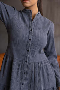 Grey Denim Midi <b>Dress</b> With Stand Collar Long Sleeves <b>For</b> <b>Women</b> Featuring Lightweight Fabric Modern Style Comfortable Fit - Product Image 6