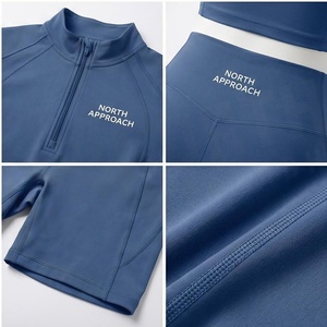 North Approach 2 Piece Yoga Set Quarter Zip Crop <b>Top</b> High Waist Shorts Solid Blue <b>Sweat</b> Wicking Breathable Sportswear - Product Image 4