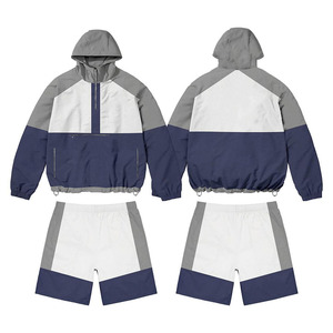 Mens 210 GSM Polyester Taslon Windbreaker and Shorts Set <b>Grey</b> White Navy Panel Custom Embroidery Logo Windbreaker Shorts for Men - Product Image 1
