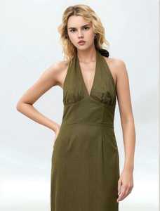 Elegant V-Neck <b>Spaghetti</b> <b>Strap</b> Maxi Dress Olive Green Linen Eco-Friendly Plain Dyed Washable Loose Fit All Seasons Party Dress - Product Image 4