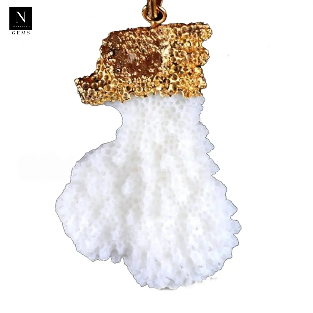 Druzy pendant, 60x30mm organic shape pendant, electroplated gold edged bail chain white coral pendant.