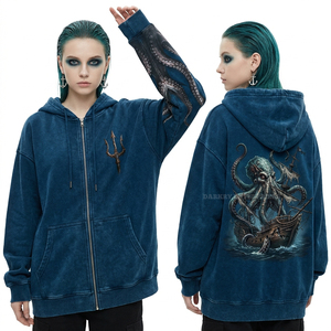 Sweat à capuche graphique squelette gothique pour femme, fermeture éclair latérale, asymétrique, effet vieilli, esthétique horrifique, style punk rock streetwear - Product Image 4