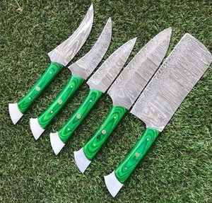 UMAR FAROOQ CUTLERY KITCHEN WARE <b>Set</b> of 5 Damascus Kitchen <b>Knives</b>, Custom Full Tang Yellow Pakka Wood Handle with Leather Roll - Product Image 6