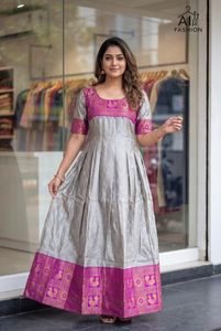 Vestidos Anarkali de Seda Morada con Borde Bordado en Verde Azulado, Ropa Tradicional India para Mujer, Largos hasta el Suelo, Corte Holgado, Atuendo Informal - Product Image 3