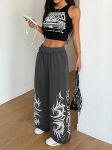 Mid Waist Straight <b>Pants</b> Women Gray Solid Breathable Cotton-Polyester Loose Fit Elastic Waist <b>Y2K</b> Style Full Length Trousers - Product Image 2