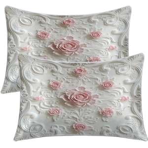 Elegante Juego de 2 Fundas de Almohada Tejidas con Rosas en Relieve, Blancas con Flores Rosadas, Decorativas para Hogar, Dormitorio, Sofá - Product Image 1