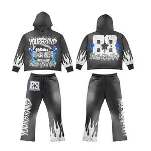 Custom Heavyweight <b>Oversized</b> Acid Wash Screen Printing Sleeve Embroidery Rhinestone Distressed <b>Sweatpants</b> and Hoodie Set - Product Image 1