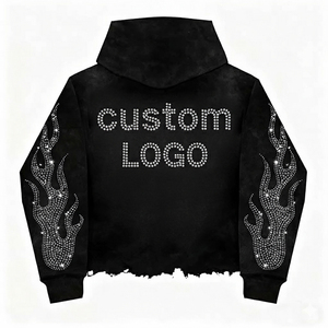 เสื้อฮู้ดดี้ประดับเพชรเทียมทรงโอเวอร์ไซส์สำหรับผู้ชาย สไตล์ฮิปฮอป ดีไซน์ลายเปลวไฟที่ด้านหลัง - Product Image 1