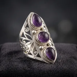 Amethyst 925 Sterling Silver Triple Stone Ring Handmade Jewelry Purple Gemstone Statement Ring Vintage Boho Style - Product Image 2