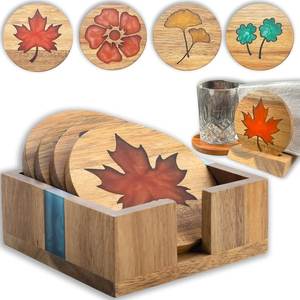 Sous-verres ronds en bois brut rustique avec incrustation de résine verte, design moderne, résistants à la chaleur, épaisseur 6 mm, lot de sous-verres - Product Image 4
