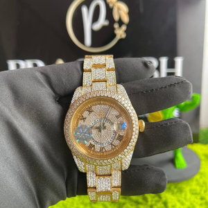 Reloj de lujo con diamantes de imitación para hombre, de cuarzo, dorado, con correa de acero inoxidable, estilo romano, para vestir. - Product Image 1