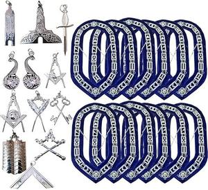 Colliers maçonniques Blue Lodge en argent avec bijoux en argent et fond bleu - Ensemble complet de 12 insignes maçonniques - Product Image 1
