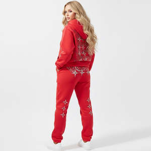 Ensemble de survêtement décontracté unisexe personnalisé avec logo, sweat à capuche zippé rouge et pantalon de jogging, streetwear imprimé graphique étoile, polaire léger - Product Image 6