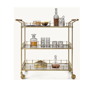 Luxury Rectangular <b>Serving</b> <b>Trolley</b> on Wheels with Clear Glass And Mirror Shelves Bamboo Style Metal Frame and Dual Wooden Handle - Product Image 2