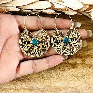 New Arrival Boho Mandala <b>Hoop</b> Earrings Tribal Brass Earrings for Women Antique Brass Turquoise Filigree <b>Floral</b> Wholesale/OEM/ODM - Product Image 3