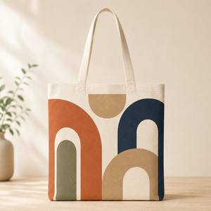 Custom Geometric Long Handle Canvas & Cotton Beach <b>Tote</b> Bag <b>with</b> <b>Zipper</b> Closure Printed Reusable Carryall for Retail & Grocery - Product Image 3