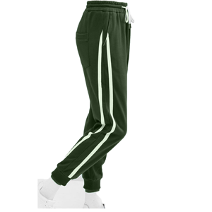 Pantalon de jogging noir pour femme avec rayures blanches, taille élastique, matière polaire, longueur intégrale, poches extensibles, style toutes saisons - Product Image 3