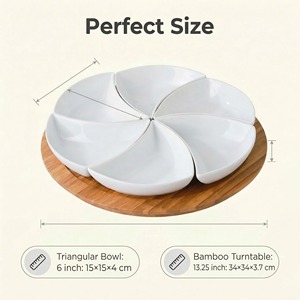 Ensemble de <span class=keywords><strong>6</strong></span> bols triangulaires en porcelaine blanche de <span class=keywords><strong>6</strong></span> pouces avec plateau Lazy Susan en bambou de 13,25 pouces, ensemble modulaire pour servir des collations, des fruits et des noix, décoration - Product Image 4